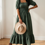 Daisy Plaid Square Neck Shirred High Waist Ruffle Hem Dress