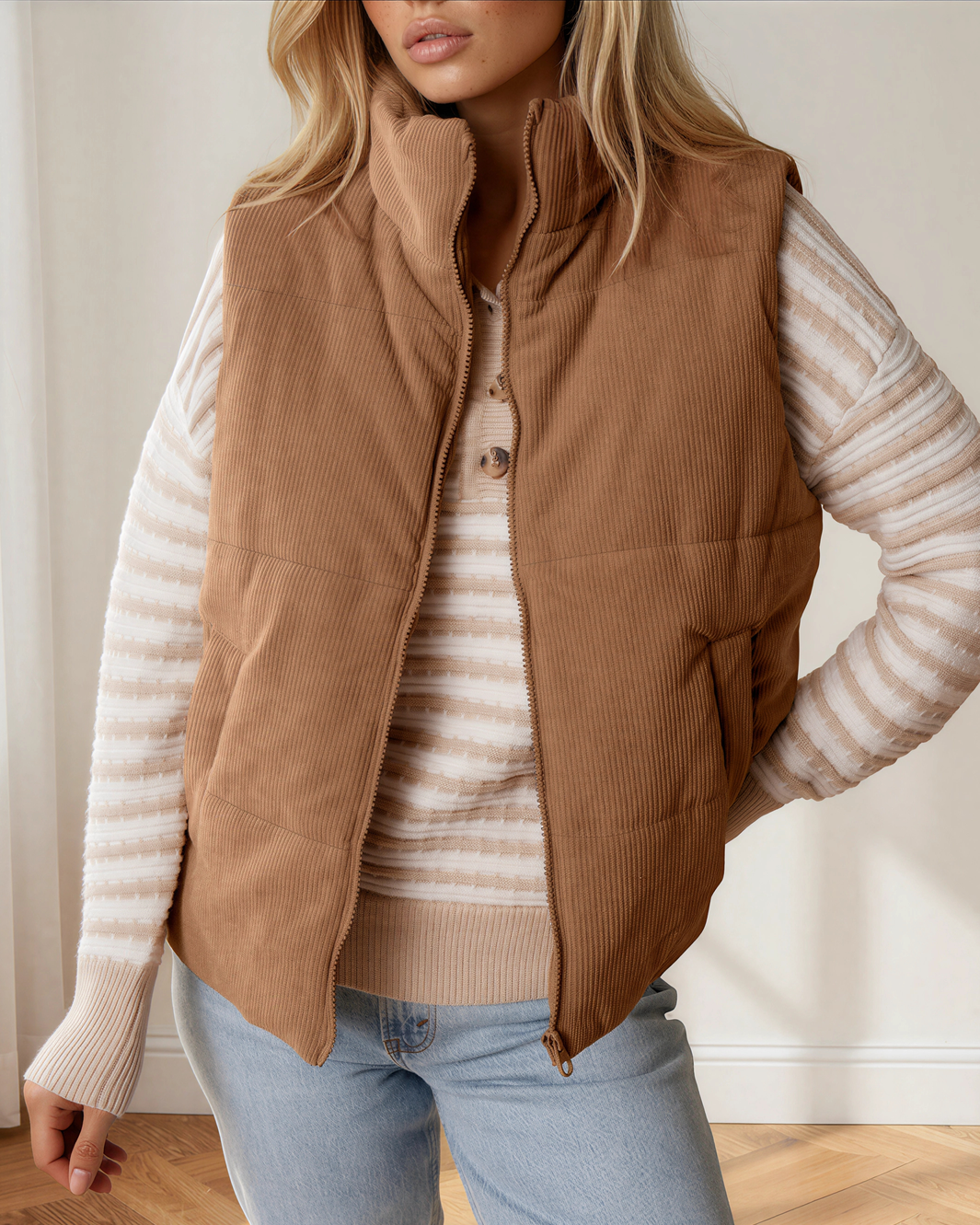 Scottie Corduroy Stand Neck Zipped Puffer Vest