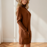 Ava Ribbed High Neck Center Seam Shift Sweater Dress