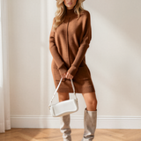 Ava Ribbed High Neck Center Seam Shift Sweater Dress