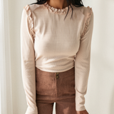 Phoebe Frill Detail Long Sleeve Top - Light Beige