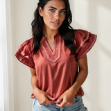 Clay Contrast Trim Flutter Sleeve V Neck Blouse