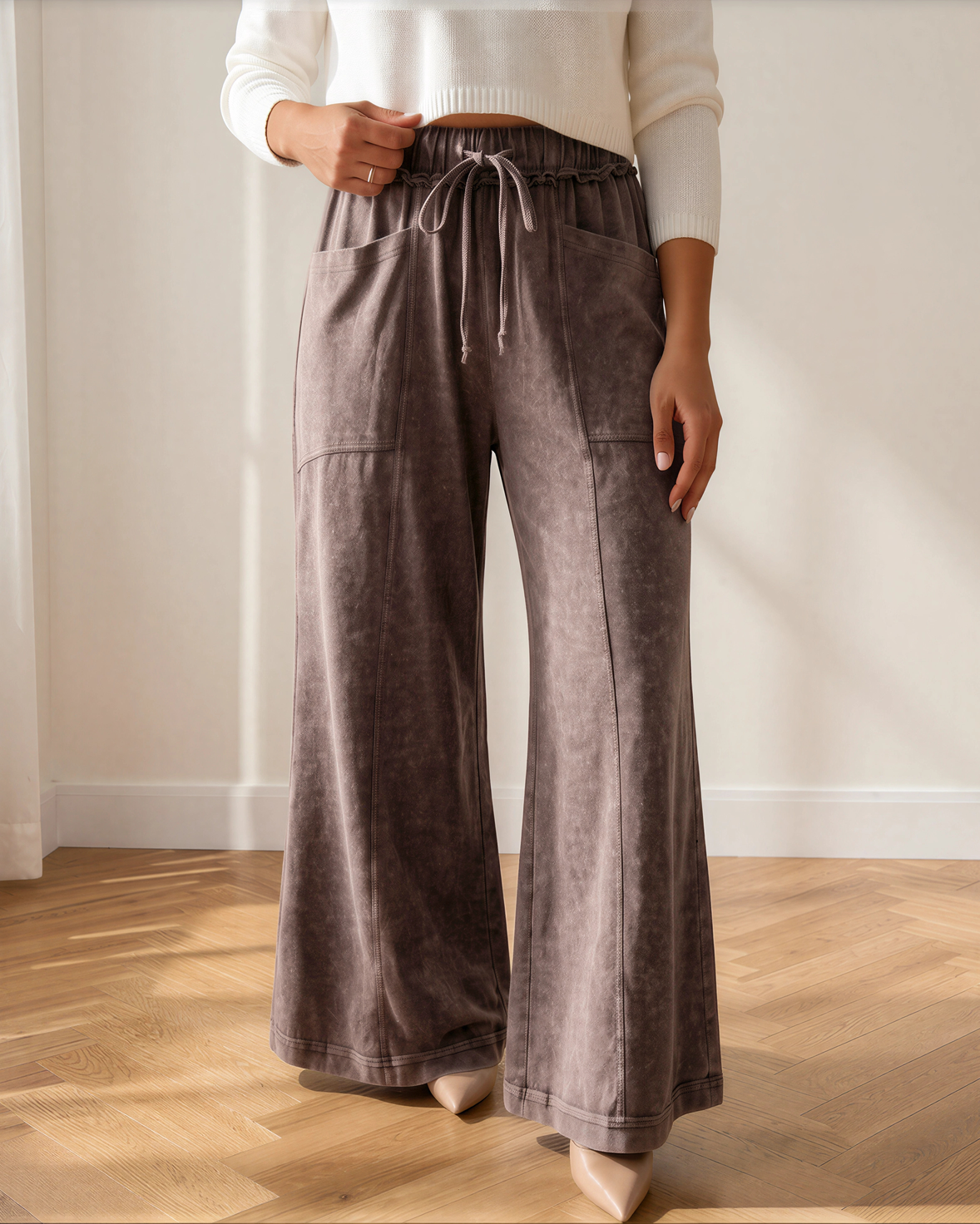 Jess Mineral Wash Seam Detail Flare Leg Drawstring Pants