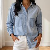 Dana Lightweight Denim Striped Patchwork Button Down Shacket