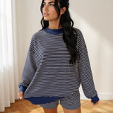 Eden Stripe Ribbed Patchwork Mock Neck Baggy Pullover Matching Shorts Set