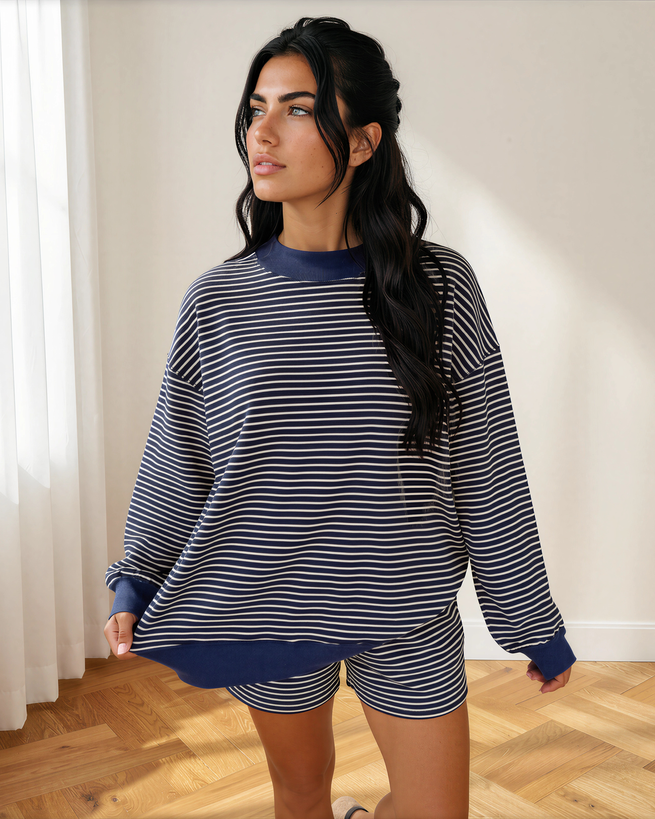Eden Stripe Ribbed Patchwork Mock Neck Baggy Pullover Matching Shorts Set
