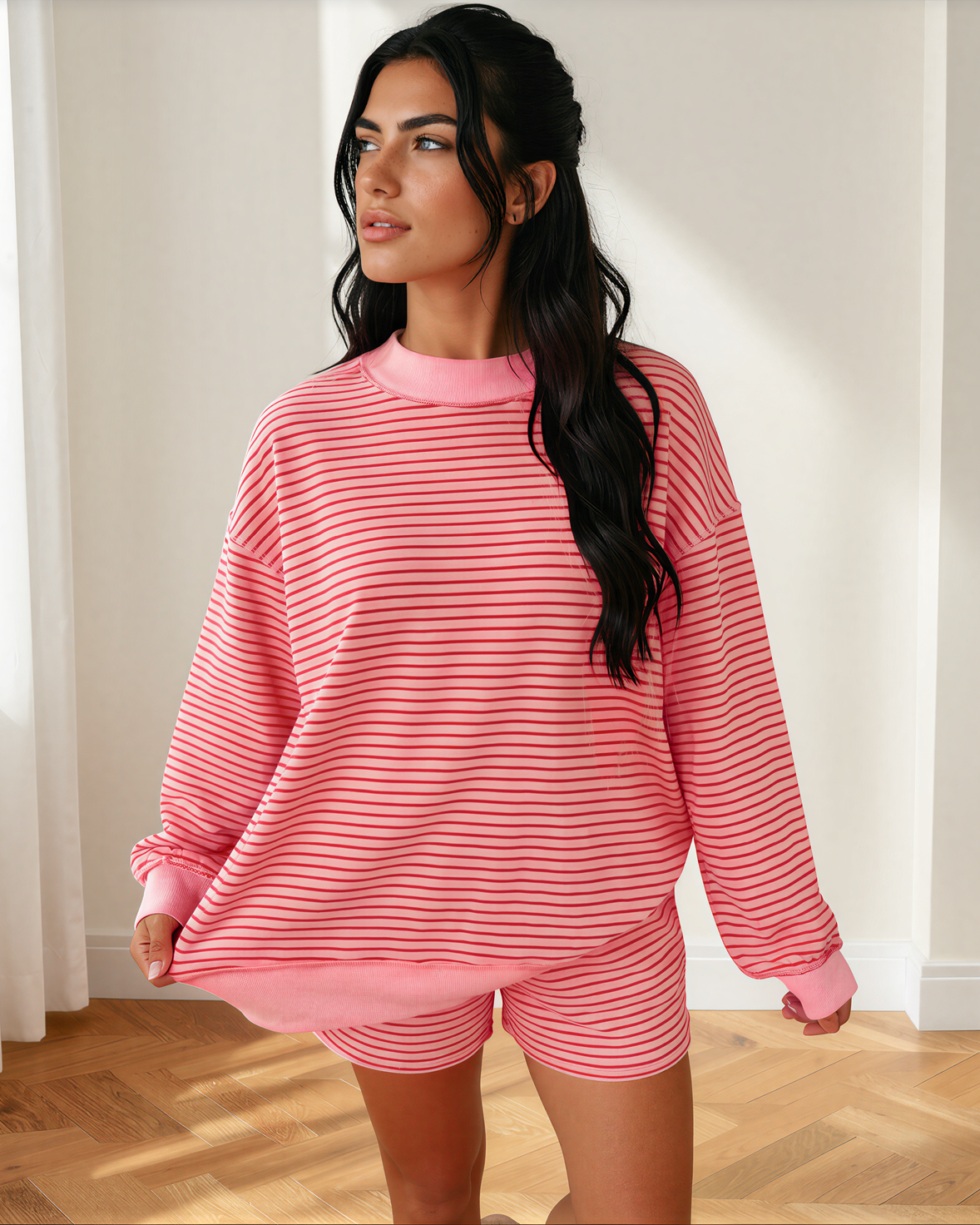 Eden Stripe Ribbed Patchwork Mock Neck Baggy Pullover Matching Shorts Set