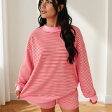 Eden Stripe Ribbed Patchwork Mock Neck Baggy Pullover Matching Shorts Set