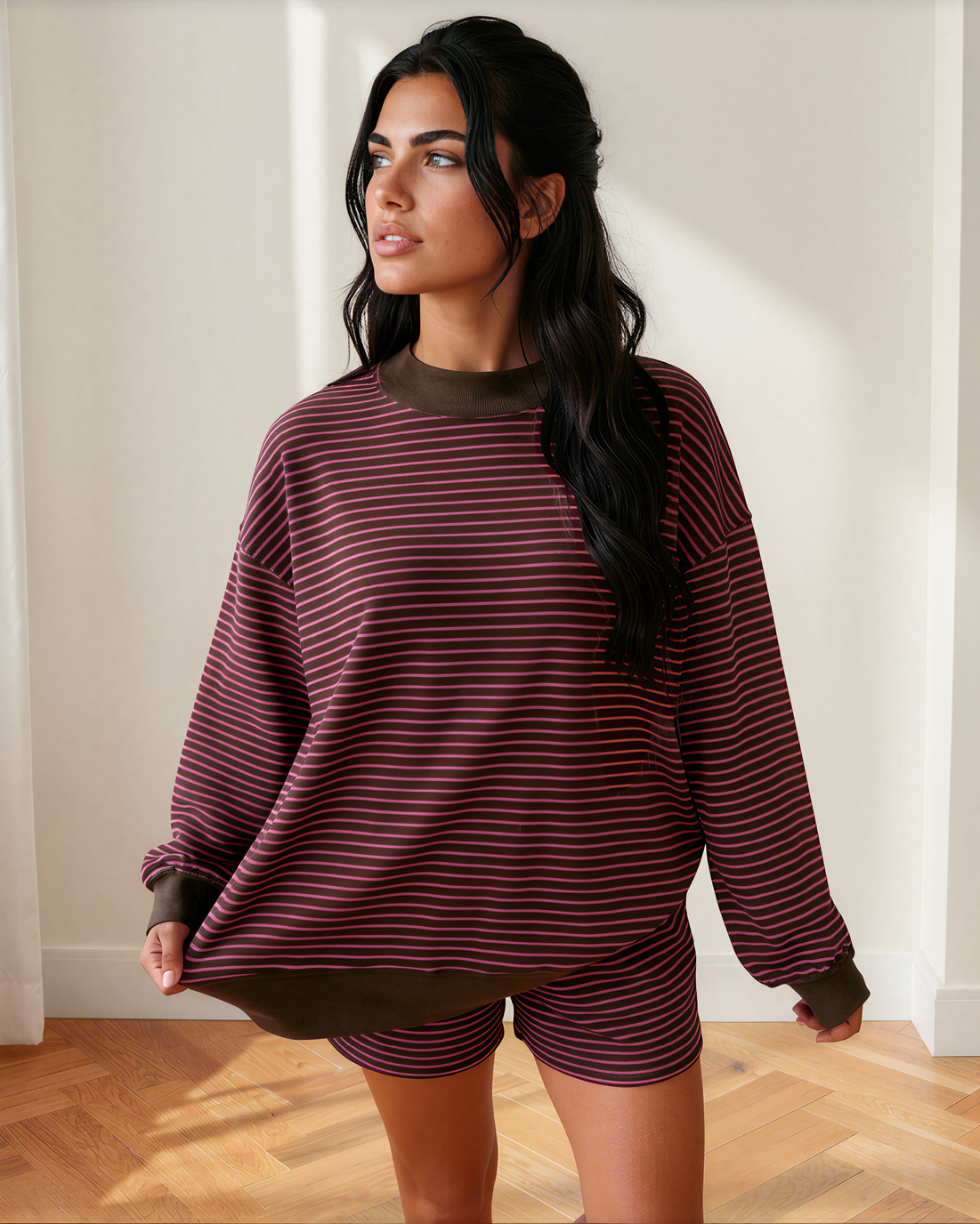 Eden Stripe Ribbed Patchwork Mock Neck Baggy Pullover Matching Shorts Set