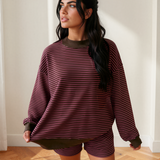Eden Stripe Ribbed Patchwork Mock Neck Baggy Pullover Matching Shorts Set