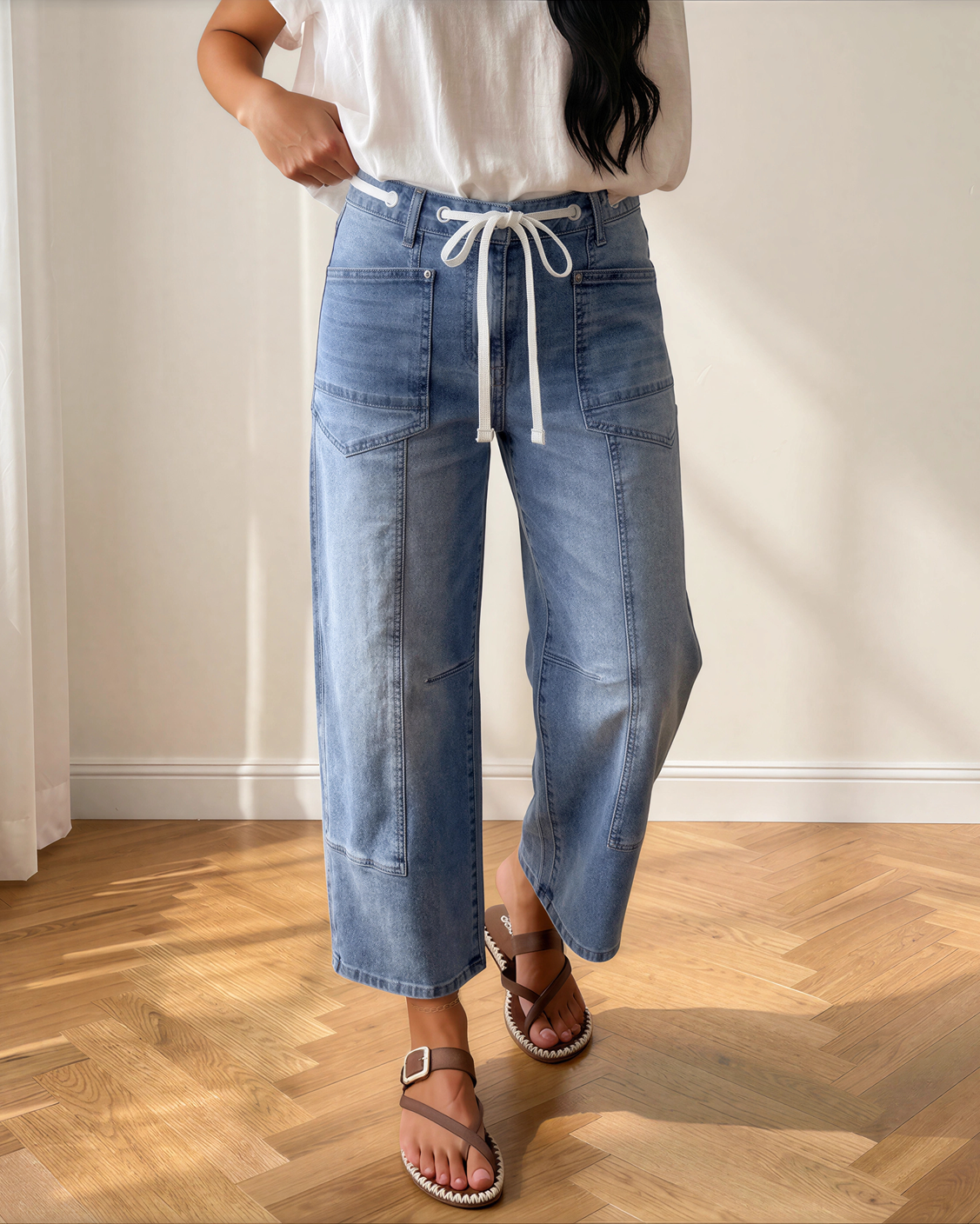 Teagan Patchwork Grommet Tie Waist Loose Ankle-Length Jeans
