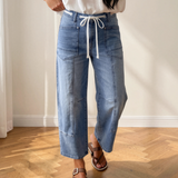 Teagan Patchwork Grommet Tie Waist Loose Ankle-Length Jeans