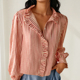 Rileigh Textured Ruffle Trim Button-Up Long Sleeve Shirt