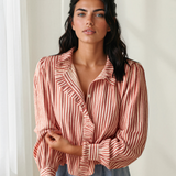 Rileigh Textured Ruffle Trim Button-Up Long Sleeve Shirt