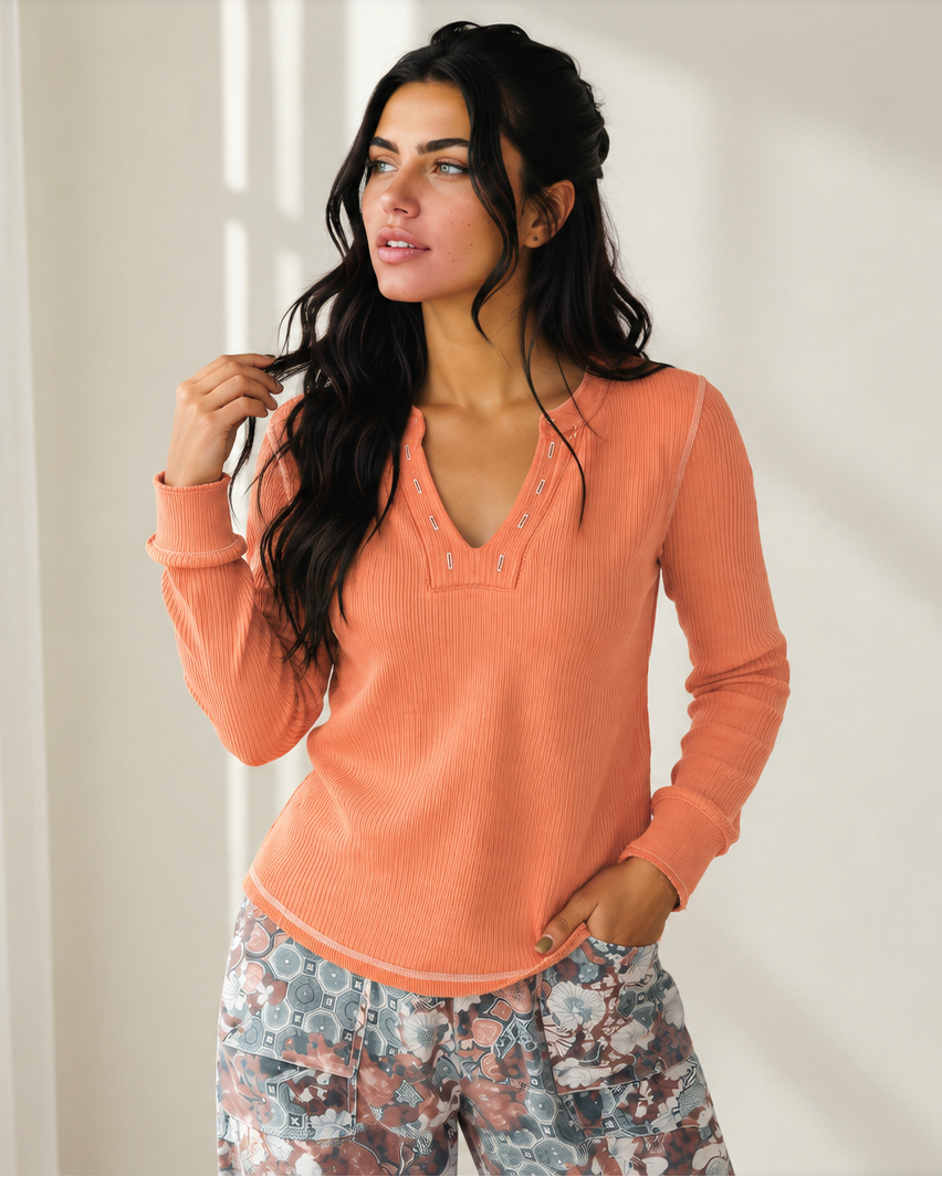 Lily V Neck Ribbed Stitched Detail Long Sleeve Top