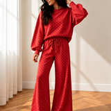 Jane Polka Dot Drawstring Wide Leg Long Sleeve Top Pant Set