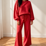 Jane Polka Dot Drawstring Wide Leg Long Sleeve Top Pant Set