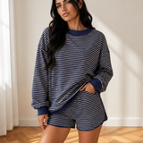 Eden Stripe Ribbed Patchwork Mock Neck Baggy Pullover Matching Shorts Set
