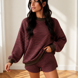 Eden Stripe Ribbed Patchwork Mock Neck Baggy Pullover Matching Shorts Set