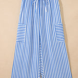 Layla Stripe Drawstring Elastic Waist Patch Pocket Wide Leg Ankle-length Pants