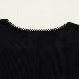 Anika Ribbed Knit Lace Trim Button Down Short Sleeve Top