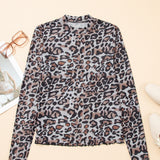 Ada Brown Leopard Mock Neck Mesh Long Sleeve Top