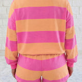 Pink Stripe Long Sleeve Casual Top Drawstring Shorts 2pcs Set