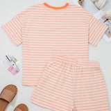 Weekend Retreat Set Contrast Neck Loose Tee and Drawstring Shorts Set - Pink