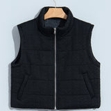 Black Textured Quilted Stand Neck Zipper Winter Vest
