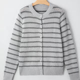 Arianna Stripe Button Front Ribbed Trim Short Cardigan