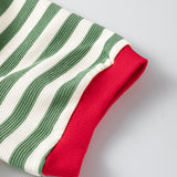 Kimberly Stripe Short Puff Sleeve Contrast Trim Round Neck Tee - Green