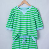 Sweet Escape Lounge Set Stripe Puff Short Sleeve T Shirt Matching Shorts Set - Green