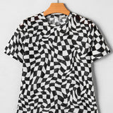 Sheer Checkered Mock Neck Mesh Short Sleeve