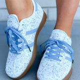 Light Blue Floral Print Lace-up PU Leather Flat Shoes