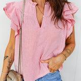 Lauren Stripe Frilly Split Neck Double Ruffled Short Sleeve Blouse