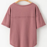 Caroline Exposed Seam Drop Sleeve V Neck Waffle Textured Top  - Rose