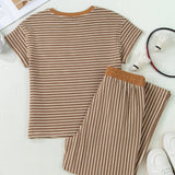 PREORDER - Rowen Stripe Crew Neck Tee Drawstring Waist Cropped Pants Set | Dropship