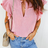 Lauren Stripe Frilly Split Neck Double Ruffled Short Sleeve Blouse