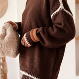 Dark Khaki Contrast Trim Mock Neck Drop Shoulder Relaxed Sweater
