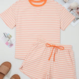 Weekend Retreat Set Contrast Neck Loose Tee and Drawstring Shorts Set - Pink