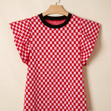 Cassidy Checkered Print Ruffle Short Sleeve Contrast Trim Round Neck Top