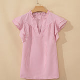 Lauren Stripe Frilly Split Neck Double Ruffled Short Sleeve Blouse