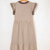 Nyla Double Ruffled Short Sleeve Contrast Trim V Neck Midi Dress - Brown | Dropship