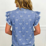 Logan Frilled Collar Flutter Sleeve Denim Top