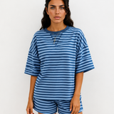 Stay Awhile Set Stripe Striped Ribbed Cotton Two-Piece Short Set with Chest Patch Detail - Blue