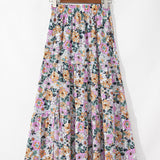 Alethea Bohemian Floral Print Tiered Maxi Skirt with Split - Sky Blue