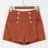 Sienna Button Decor Scalloped Edge High Waist Corduroy Shorts