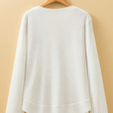 Valerie Rounded Hem Waffle Plain Long Sleeve Top - White