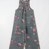 Pleated High Waist Wide Leg Denim Jumpsuit - Dark Wash