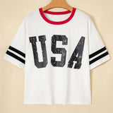 USA Varsity Striped Sleeve Round Neck Tee
